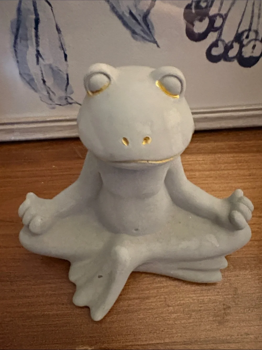 Stone Meditating Frog Figurine with Gold Accents